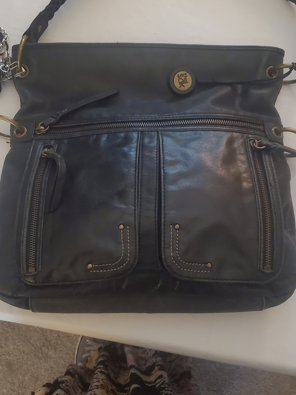 The Sak Deep Navy Leather Multi-Pocket Bag w/ Custom Czech Bead & Lace Charm